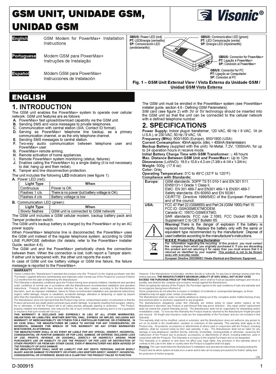 VISONIC GSM UNIT INSTALLATION Pdf Download ManualsLib