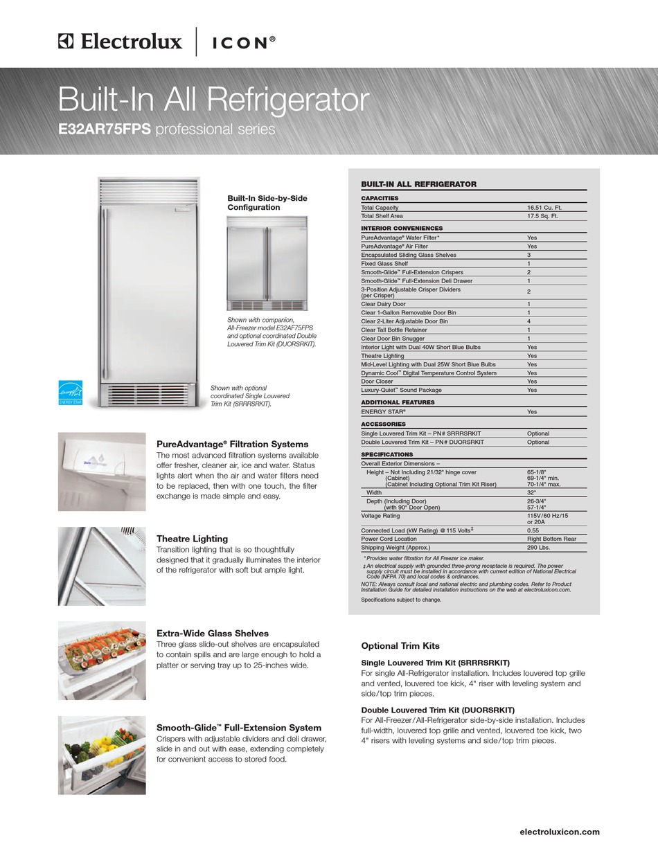 ELECTROLUX E32AR75FPS - 16.5 CU. FT. REFRIGERATOR SPECIFICATION SHEET ...