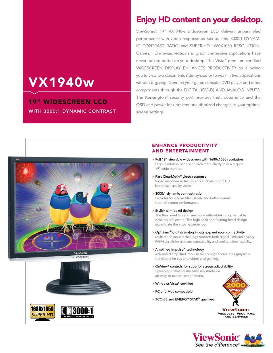 Viewsonic Vx1940w 19 Lcd Monitor Specification Sheet Pdf Download Manualslib