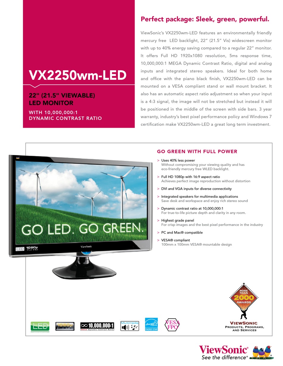 VIEWSONIC VX2250WM-LED SPECIFICATIONS Pdf Download | ManualsLib