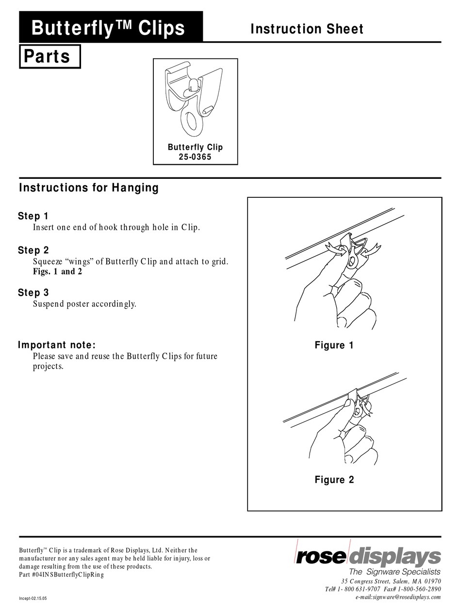 ROSE DISPLAYS BUTTERFLY CLIPS WITH RING AND HOOK INSTRUCTION SHEET Pdf