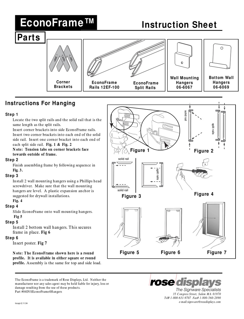 ROSE DISPLAYS ECONOFRAME WITH TOP AND BOTTOM WALL MOUNTS INSTRUCTION ...