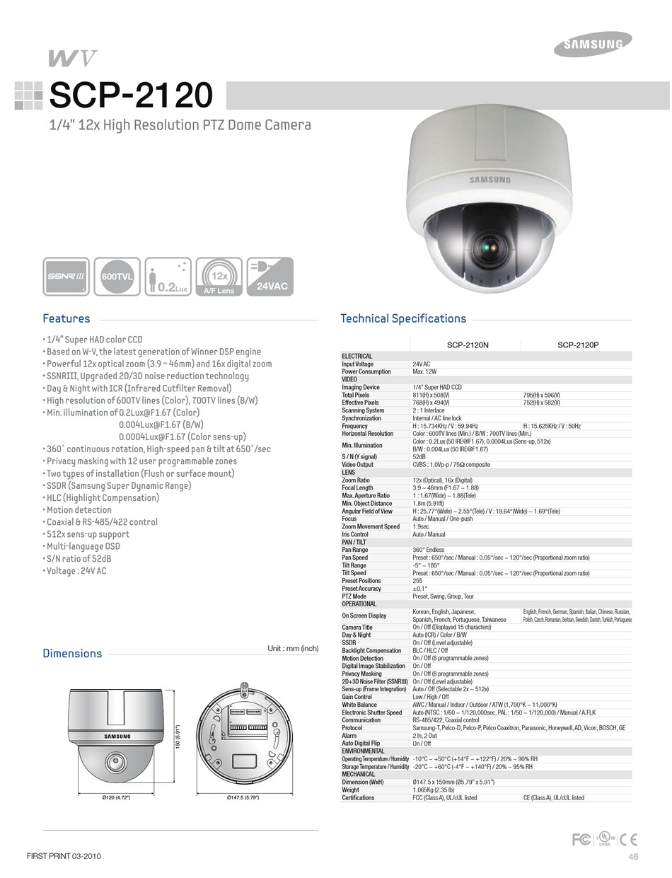 Samsung Techwin SCP-2371H Data Sheet