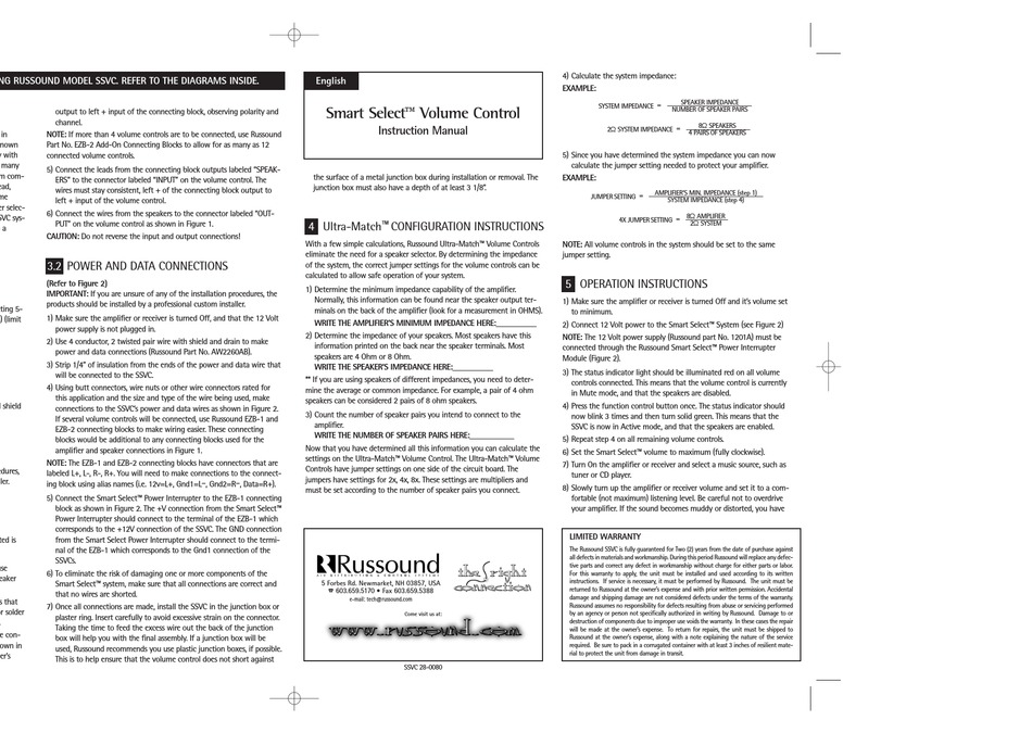 Russound Smart Select Volume Control Instruction Manual Pdf Download Manualslib