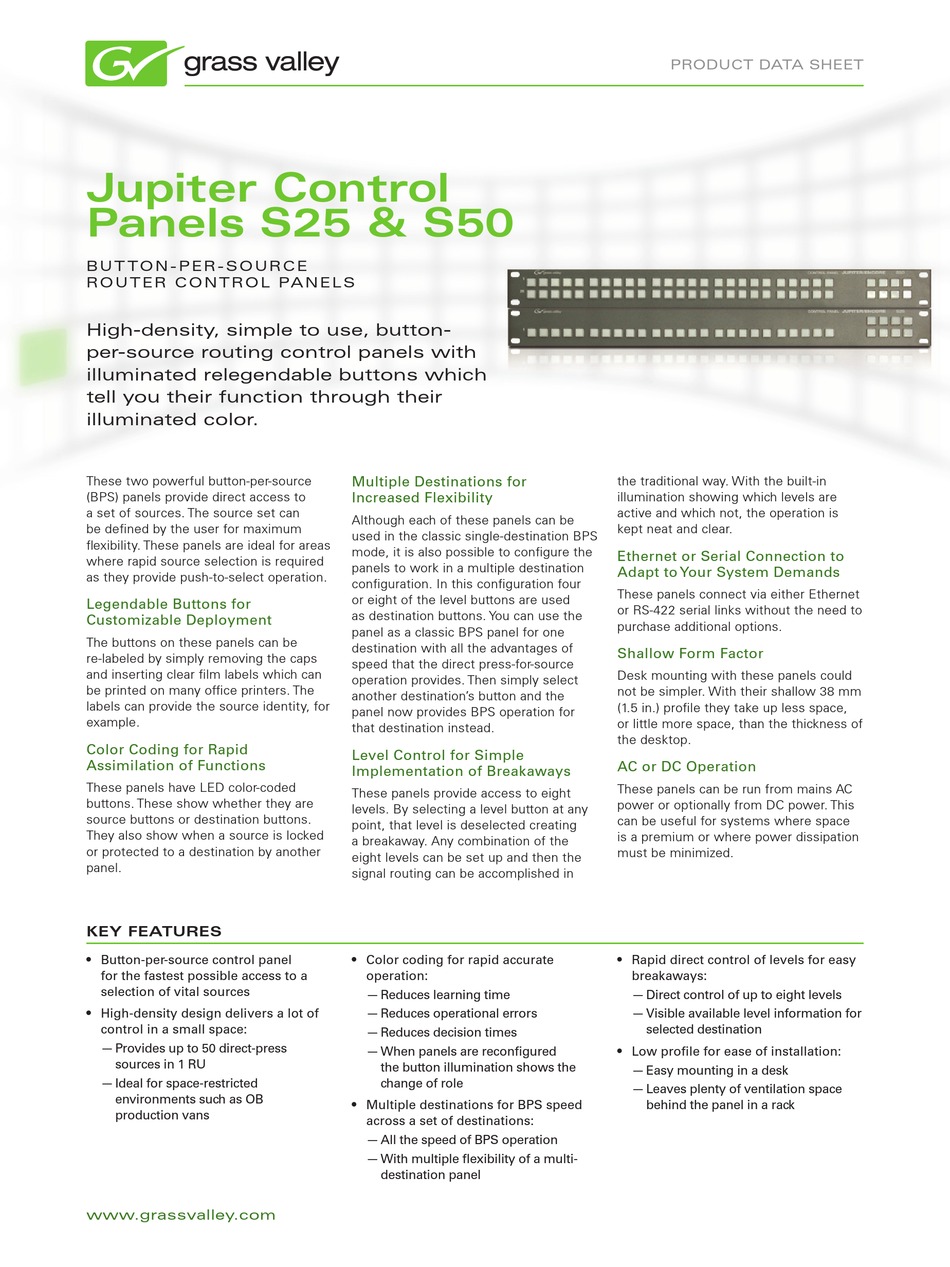 GRASS VALLEY JUPITER CONTROL PANEL S25 DATASHEET Pdf Download ManualsLib