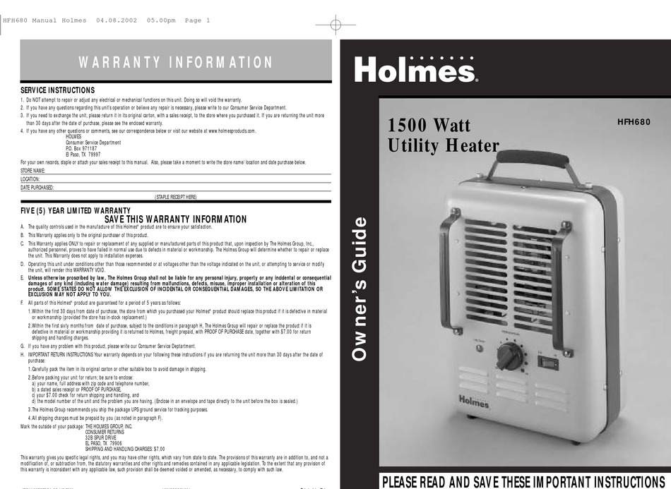 HOLMES HFH680 OWNER'S MANUAL Pdf Download | ManualsLib