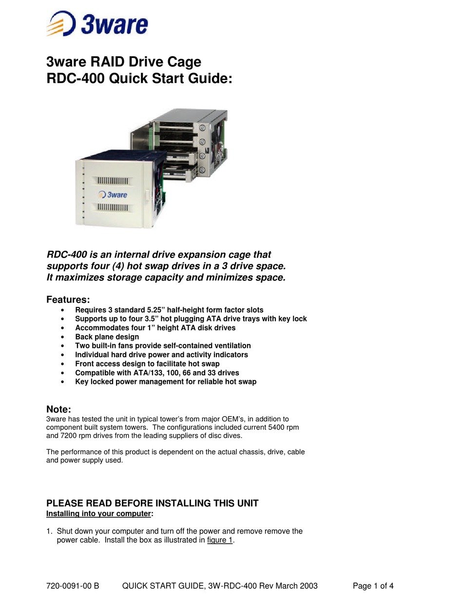 3ware Rdc Tray Hard Drive Hot Plug Tray Quick Start Manual Pdf Download Manualslib