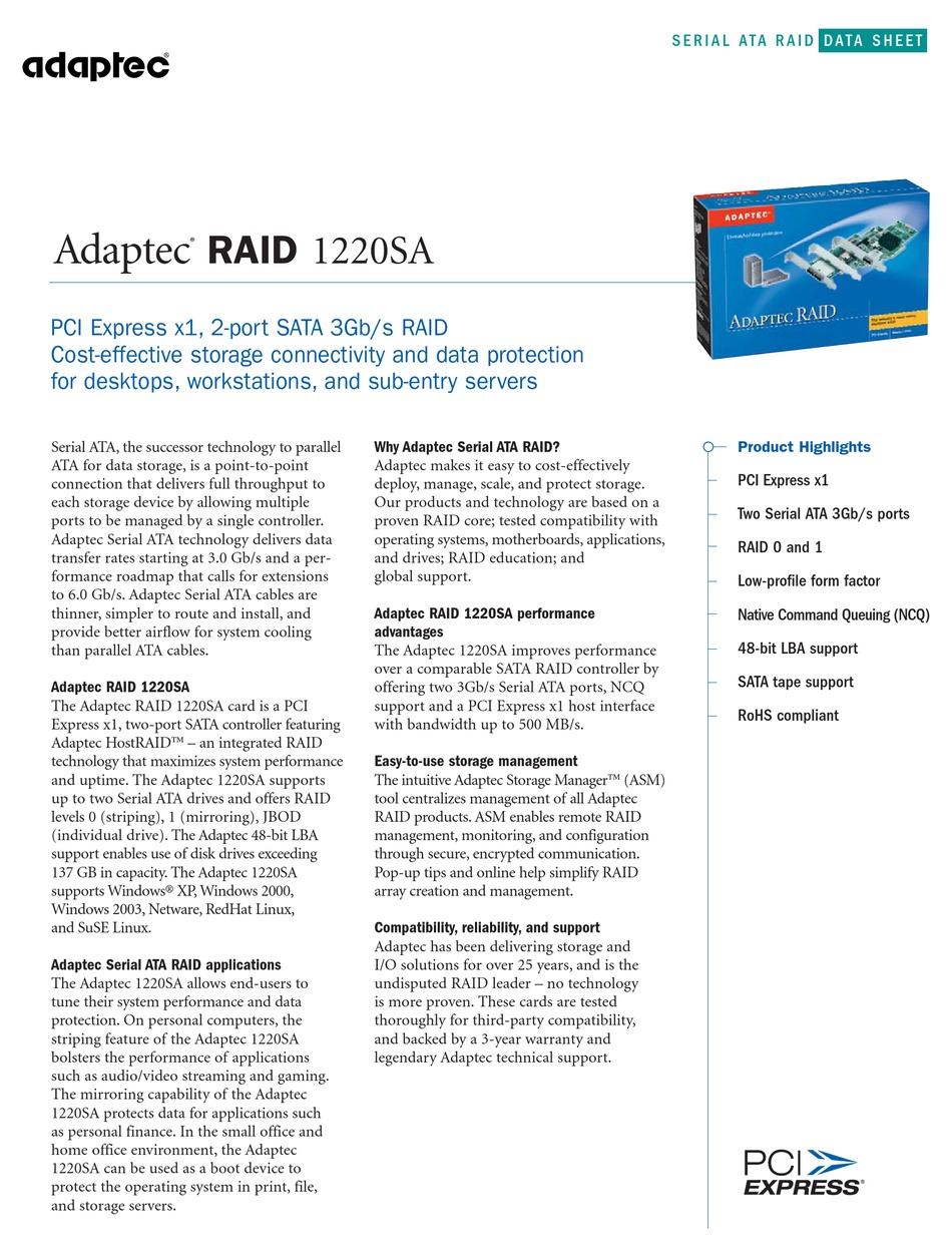 ADAPTEC 1220SA RAID CONTROLLER DATASHEET Pdf Download ManualsLib