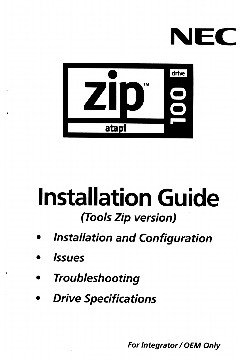 NEC FZ110A ZIP 100MB 100 MB ZIP DRIVE INSTALLATION MANUAL Pdf