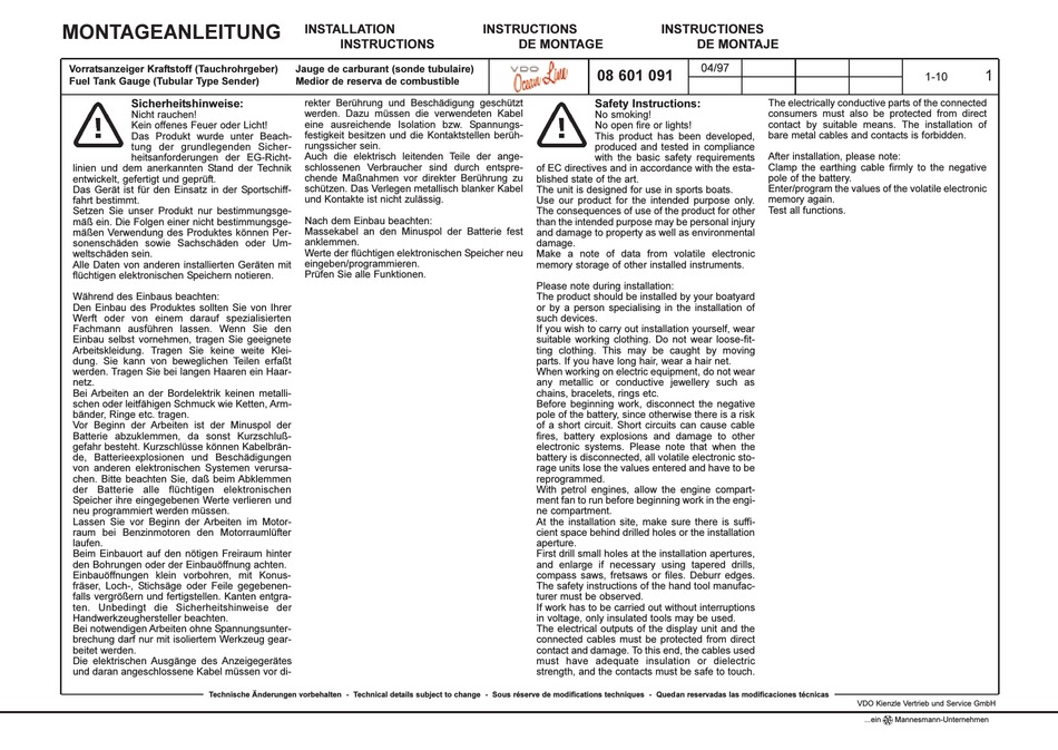 VDO FUEL TANK GAUGE INSTALLATION INSTRUCTIONS MANUAL Pdf Download