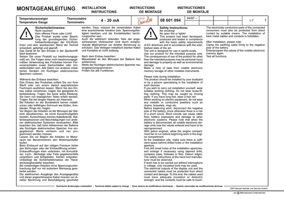 VDO TEMPERATURE GAUGE INSTALLATION INSTRUCTIONS MANUAL Pdf Download