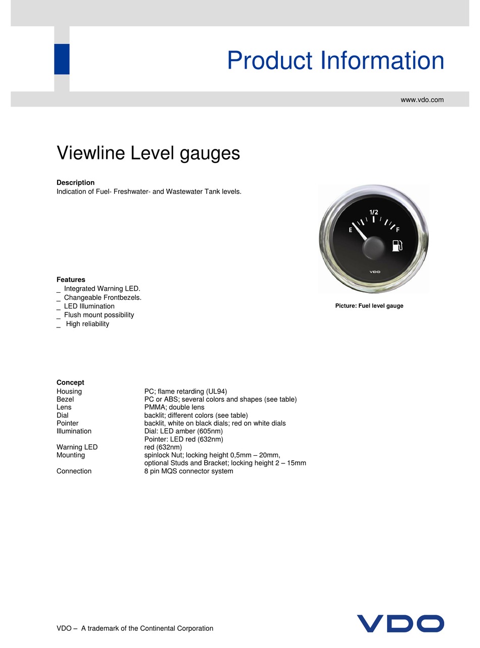 VDO VIEWLINE LEVEL GAUGES PRODUCT INFORMATION Pdf Download ManualsLib