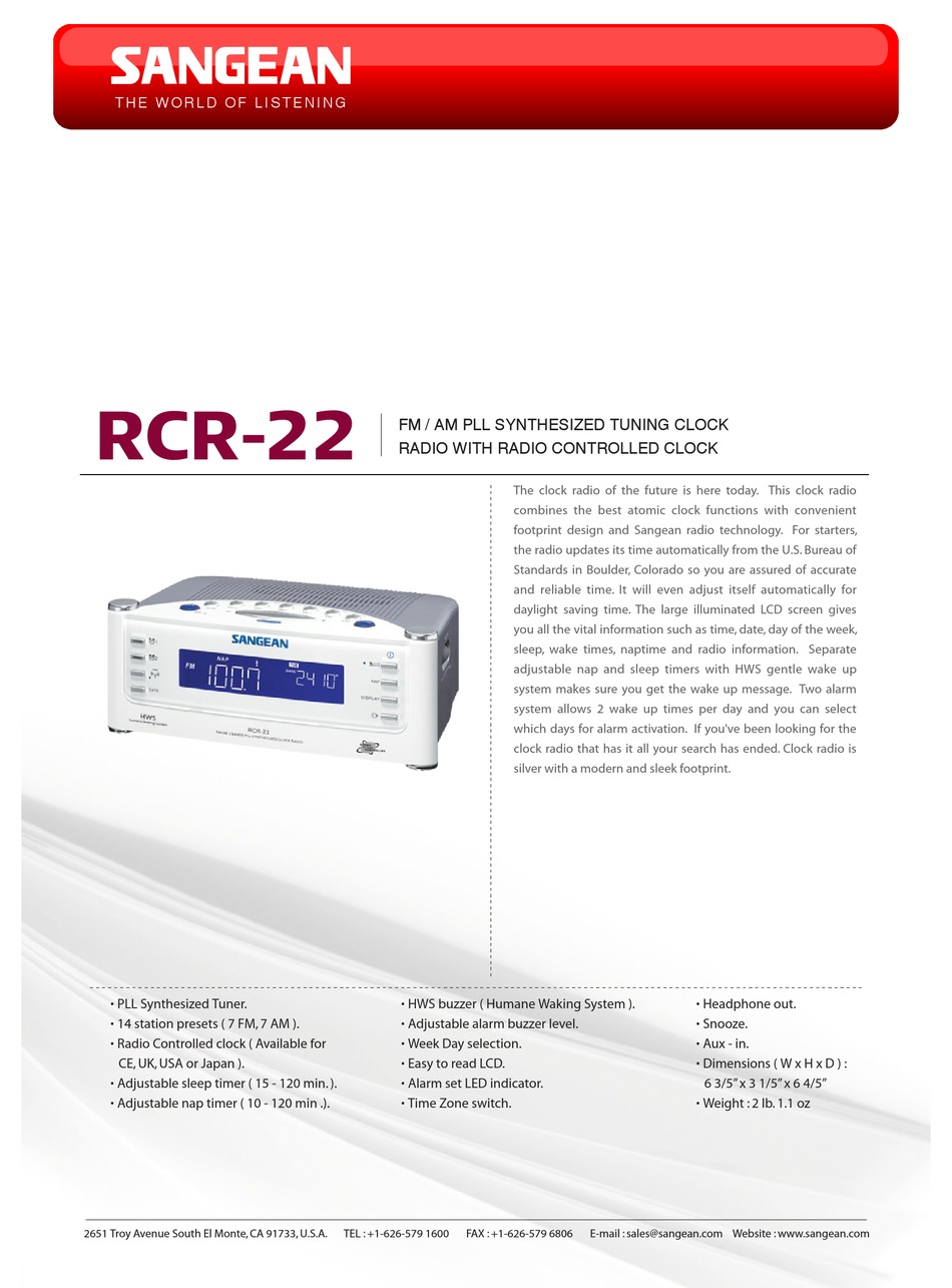SANGEAN RCR-22 SPECIFICATIONS Pdf Download | ManualsLib