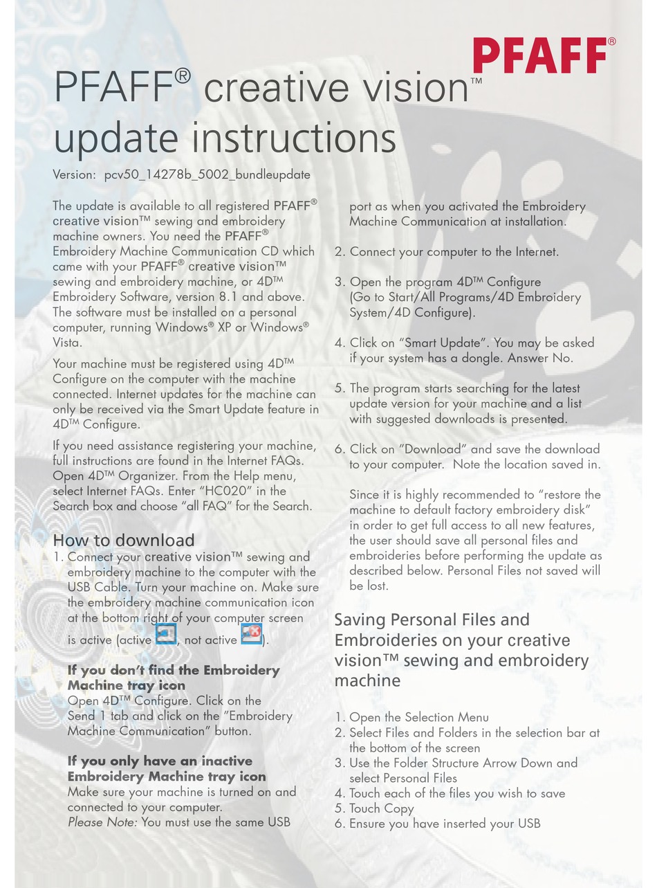 PFAFF CREATIVE VISION UPDATE INSTRUCTIONS VPCV5014278B5002