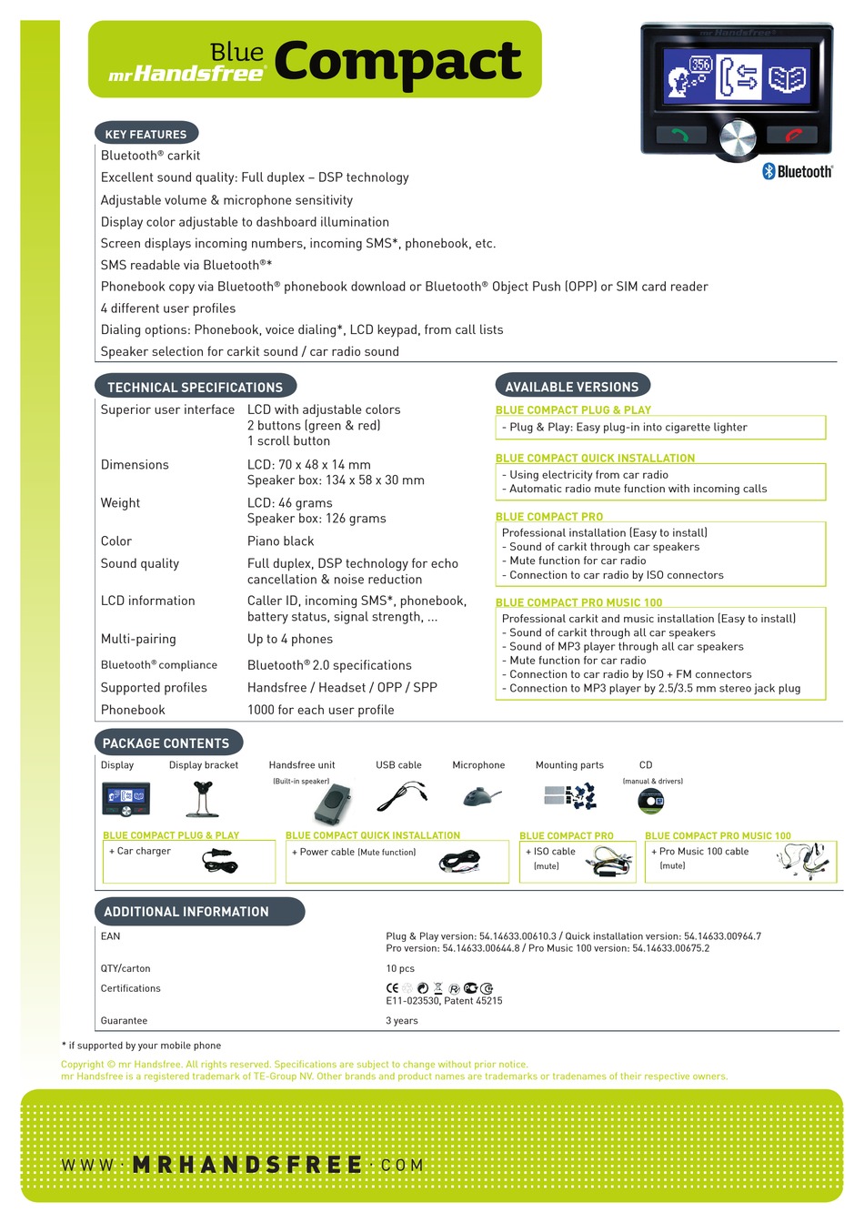 MR HANDSFREE BLUE COMPACT DATASHEET Pdf Download ManualsLib