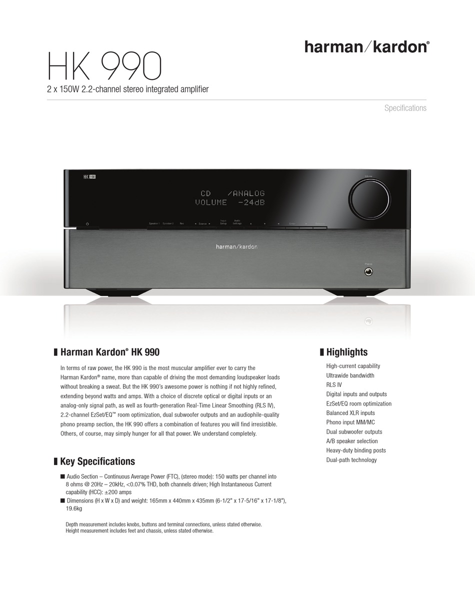 HARMAN KARDON HK 990 SPECIFICATIONS Pdf 