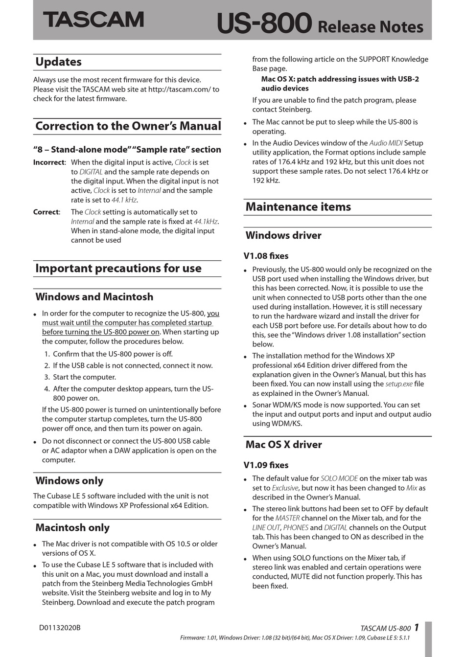 TASCAM US800 RELEASE NOTE Pdf Download ManualsLib