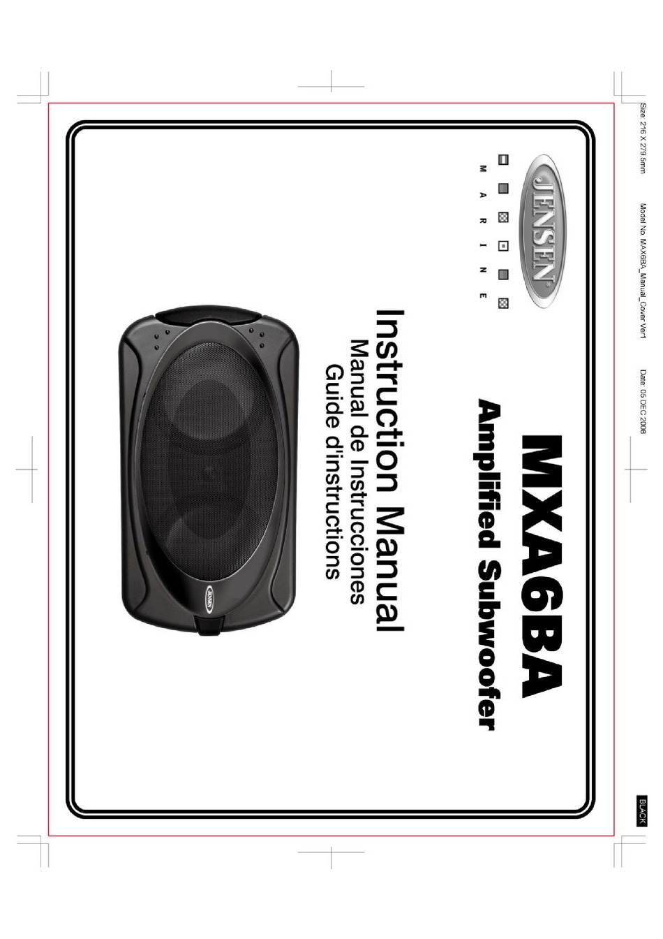 JENSEN MXA6BA - 200 WATT MARINE SUBWOOFER INSTRUCTION MANUAL Pdf