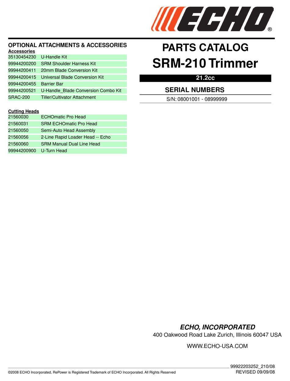 ECHO SRM-210 - PARTS CATALOG SERIAL NUMBERS 08001001-08999999 ...
