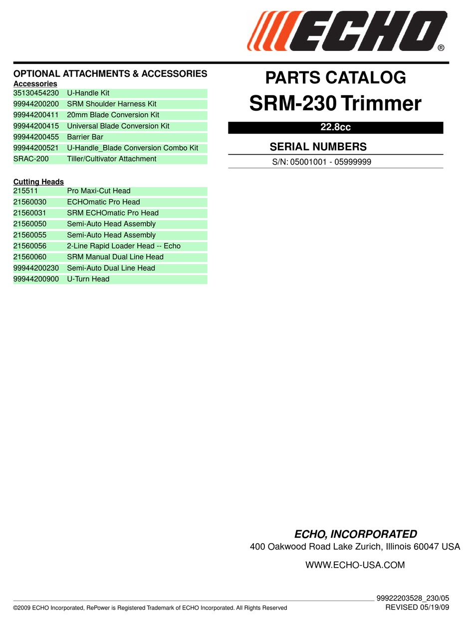 ECHO SRM230 PARTS CATALOG SERIAL NUMBERS 0500100105999999 PARTS