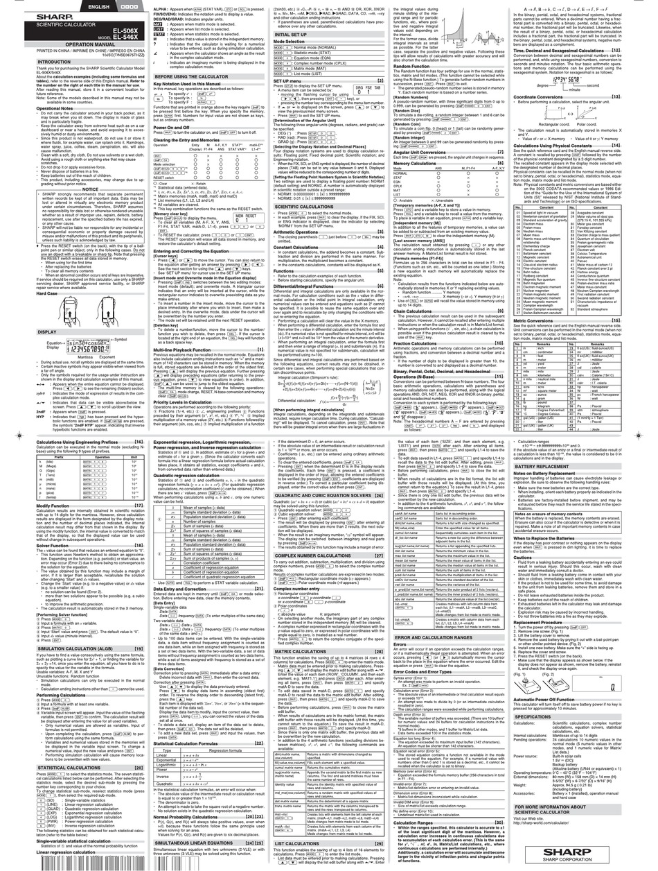 SHARP EL-506XBWH OPERATION MANUAL Pdf Download