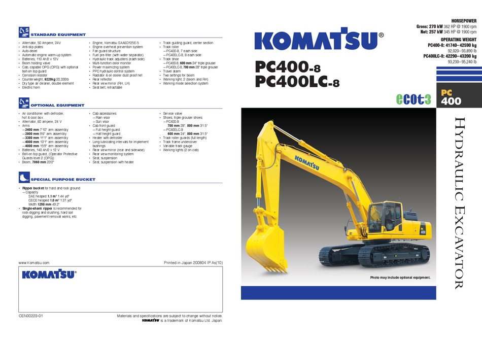 Komatsu Pc400 8 Brochure Pdf Download Manualslib