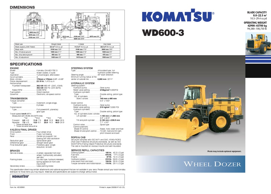 KOMATSU WD600-3 SPECIFICATION SHEET Pdf Download | ManualsLib