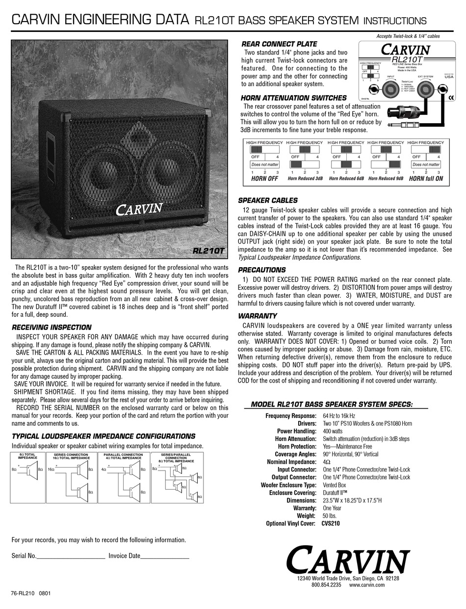 CARVIN RL210T INSTRUCTIONS Pdf Download | ManualsLib