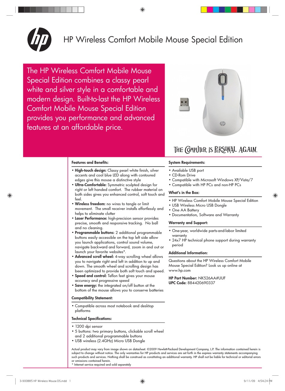 HP NK528AA COMFORT WIRELESS MOUSE DATASHEET Pdf Download ManualsLib