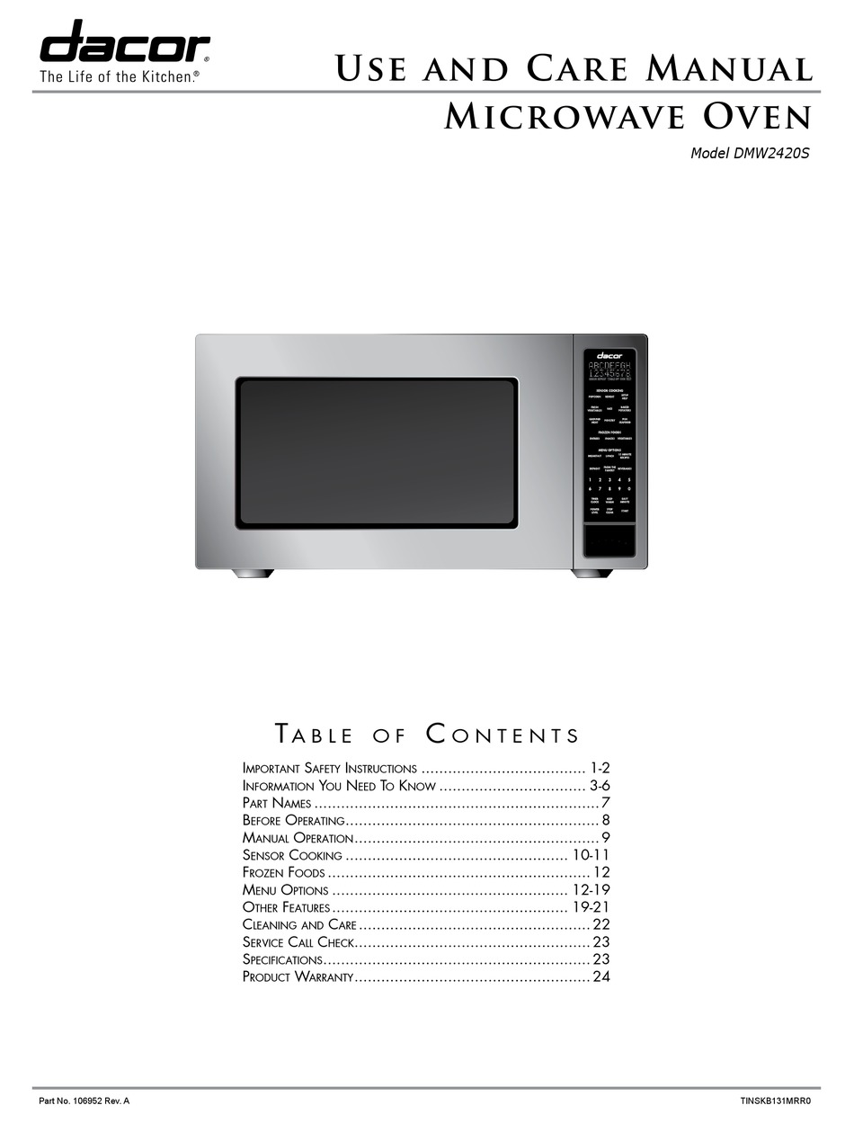 DACOR DMW2420S USE CARE MANUAL Pdf Download ManualsLib   Dacor Dmw2420s 