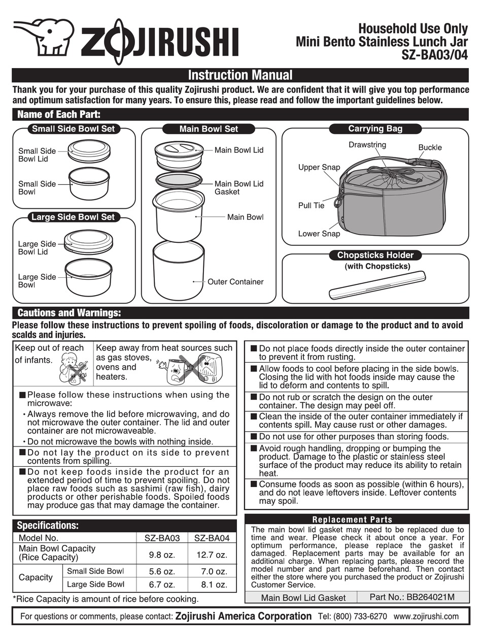 ZOJIRUSHI MINI BENTO SZBA03 INSTRUCTION MANUAL Pdf Download ManualsLib