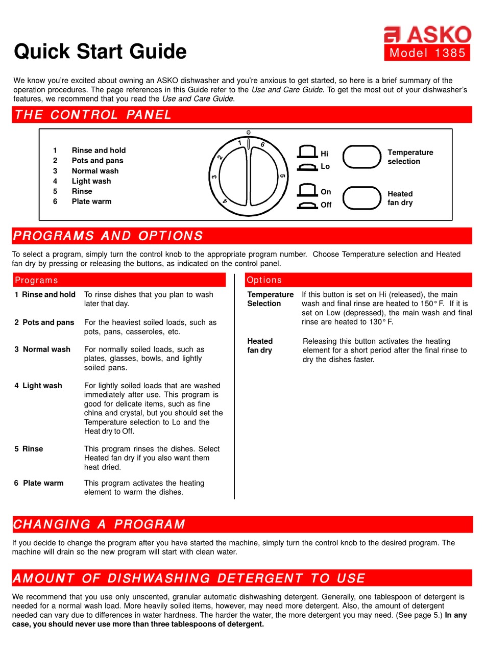 ASKO 1385 QUICK START MANUAL Pdf Download ManualsLib