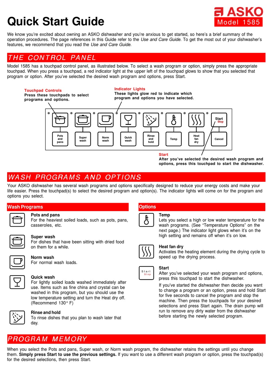 ASKO 1585 QUICK START MANUAL Pdf Download ManualsLib