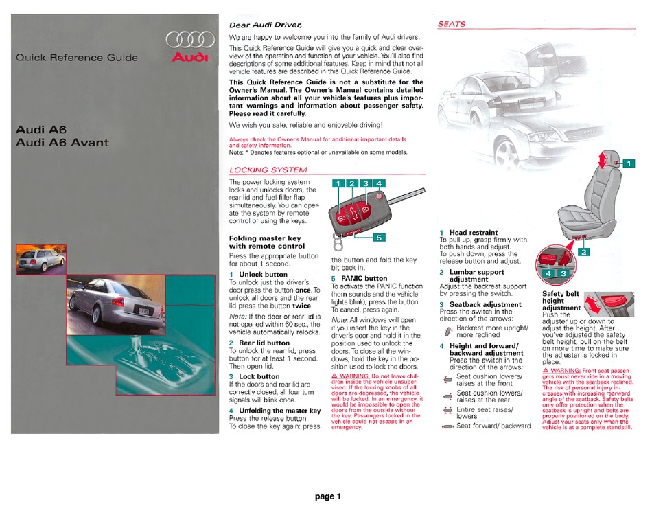 AUDI A6 QUICK REFERENCE GUIDE 2001 QUICK REFERENCE MANUAL Pdf