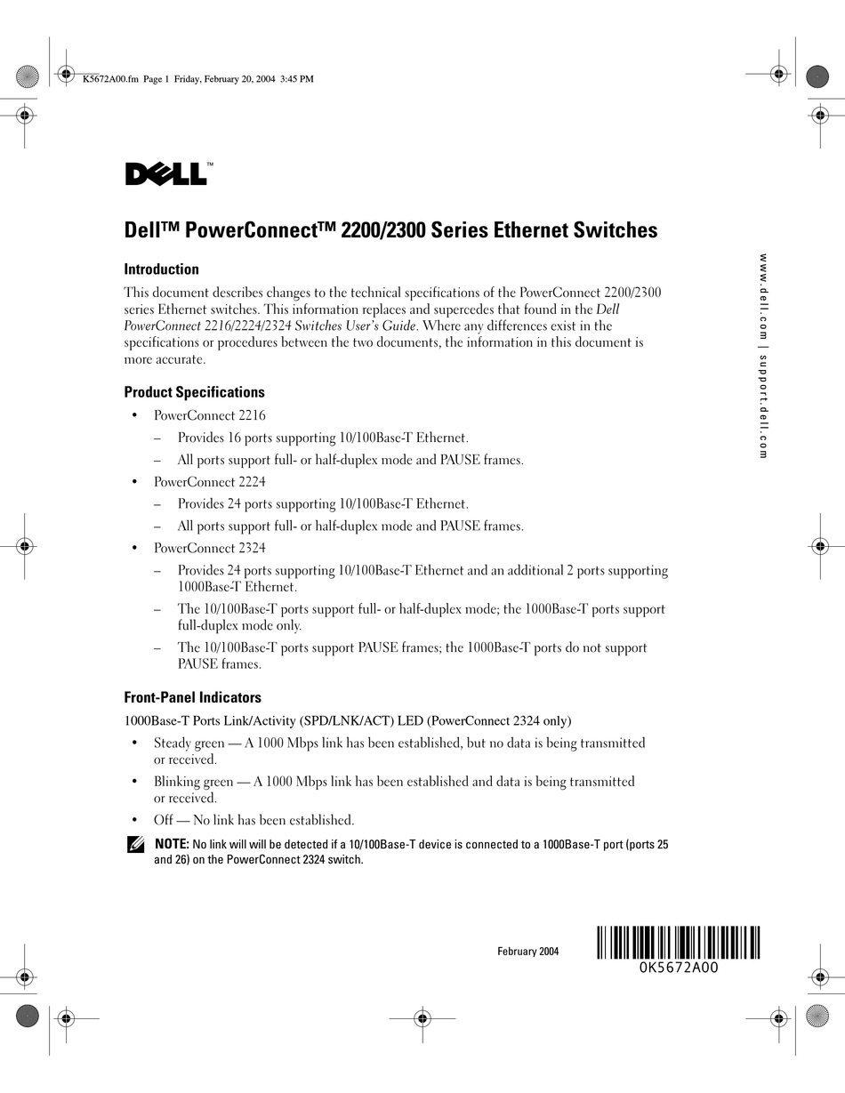 DELL POWERCONNECT 2216 TECHNICAL SPECIFICATIONS UPDATE Pdf Download