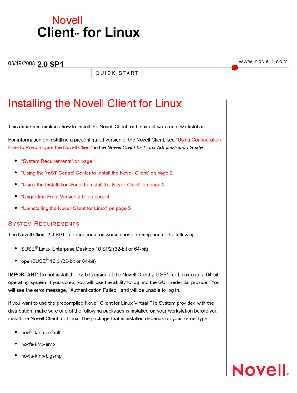 NOVELL CLIENT FOR LINUX 2.0 SP1 QUICK START 08192008 QUICK START