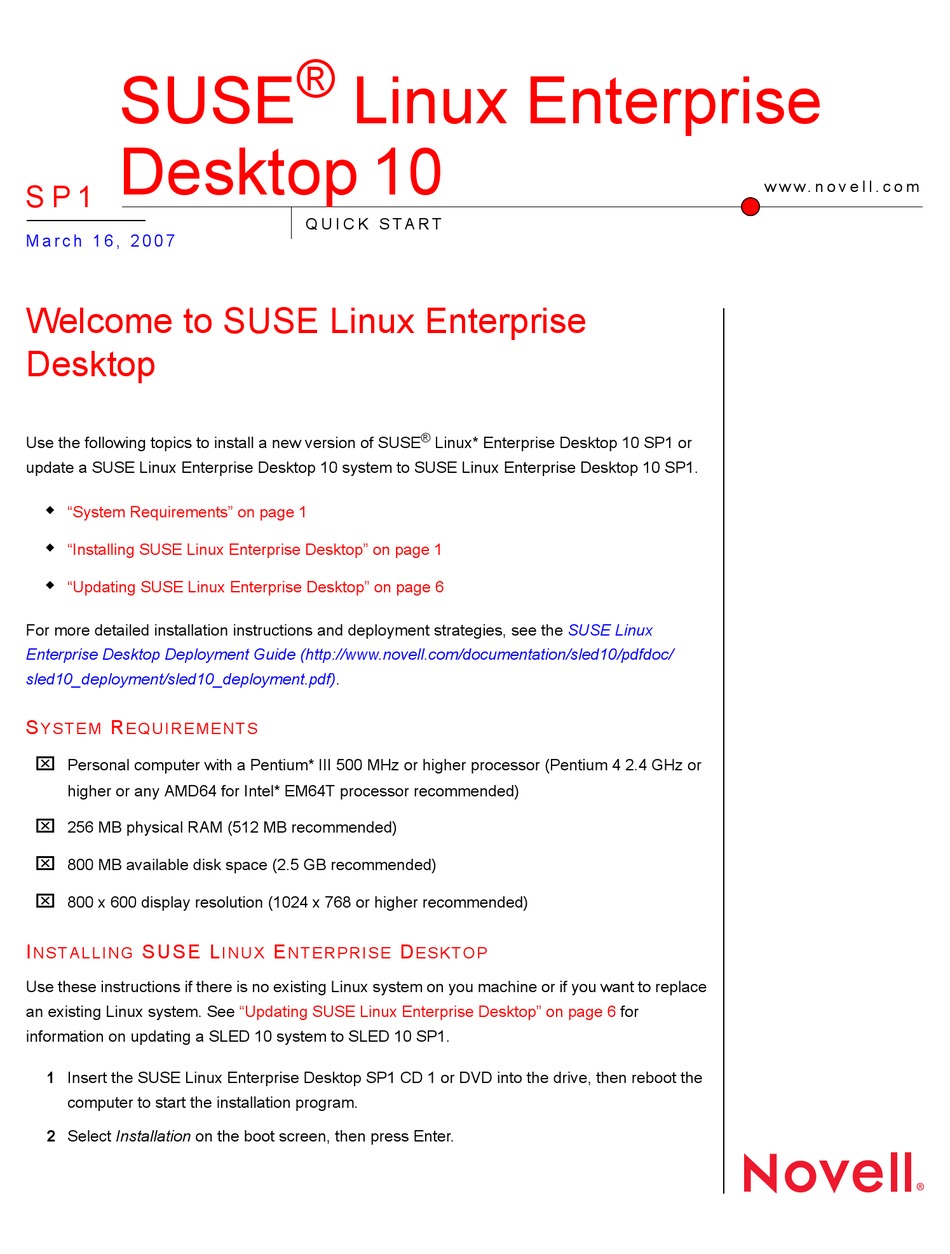 NOVELL LINUX ENTERPRISE DESKTOP 10 SP1 QUICK START 03162007 QUICK