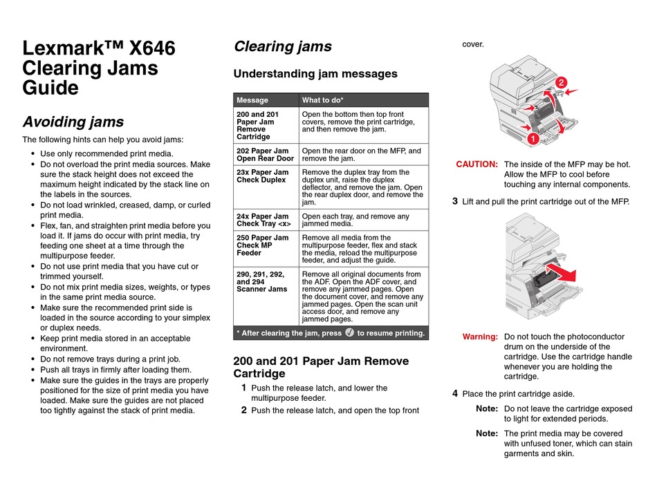 LEXMARK X646 CLEARING JAMS MANUAL Pdf Download ManualsLib