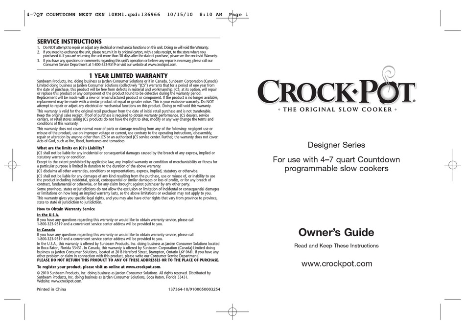 CROCKPOT 47 QUART COUNTDOWN PROGRAMMABLE SLOW COOKER OWNER'S MANUAL