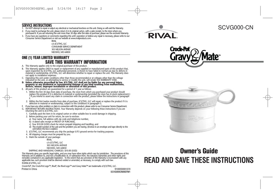 RIVAL CROCK-POT GRAVY MATE SCVG000-CN OWNER'S MANUAL Pdf Download