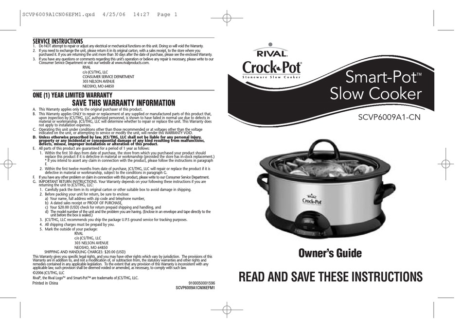 User manual Crock-Pot Cook & Carry SCCPVL600-RS-BR (English - 10 pages)