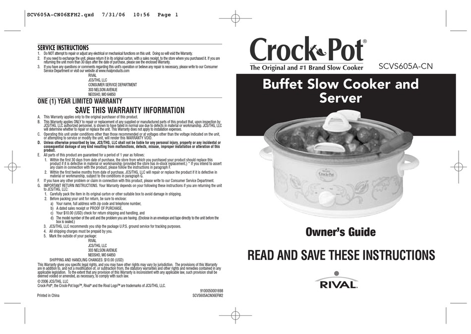 RIVAL CROCK-POT SCVS605A-CN OWNER'S MANUAL Pdf Download | ManualsLib