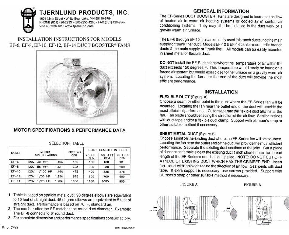 TJERNLUND EF DUCT BOOSTER FANS 8504057 REV.793 MANUAL Pdf Download ManualsLib