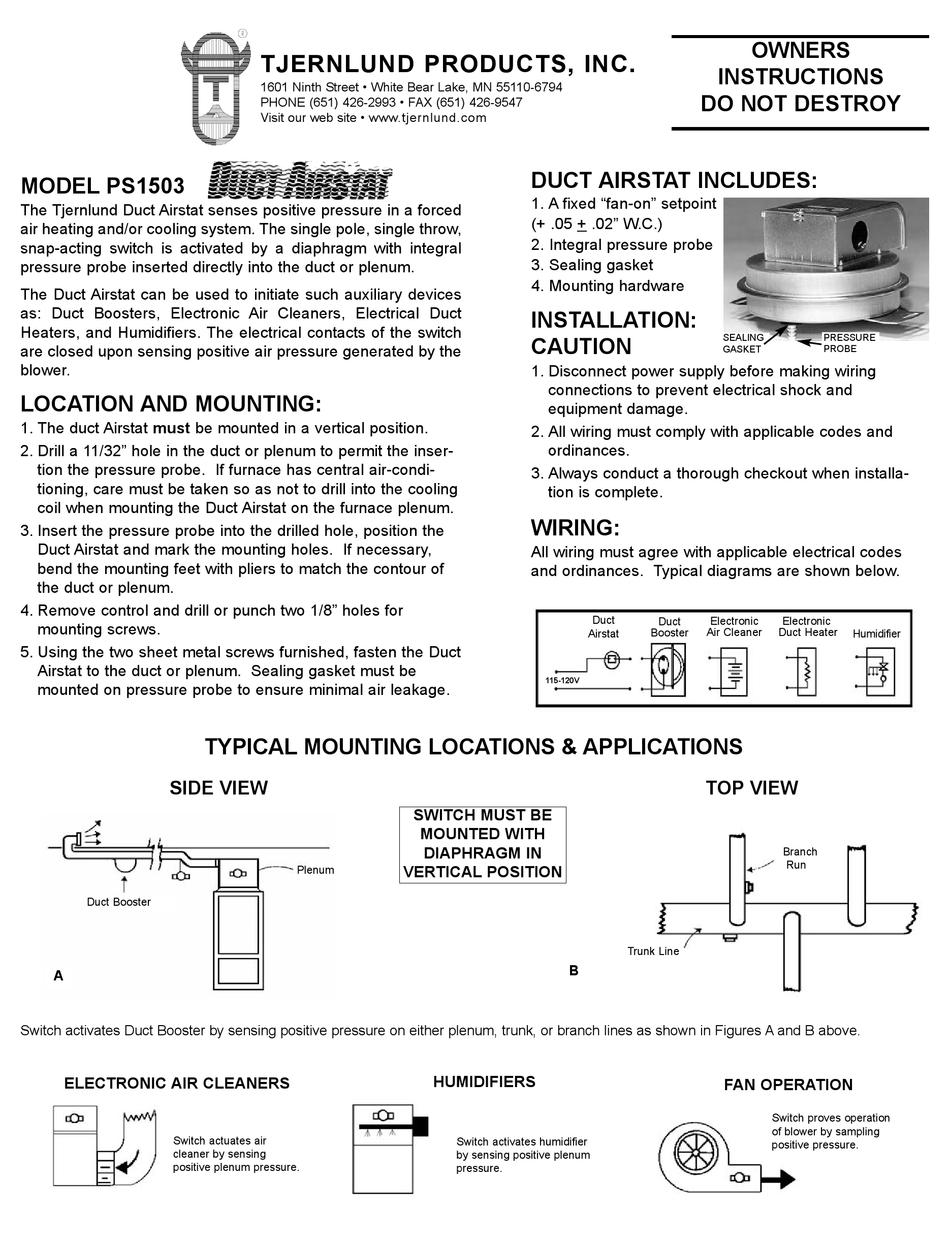 TJERNLUND PS1503 DUCT AIRSTAT FAN PROVING SWITCH REV A 1099 MANUAL Pdf Download ManualsLib