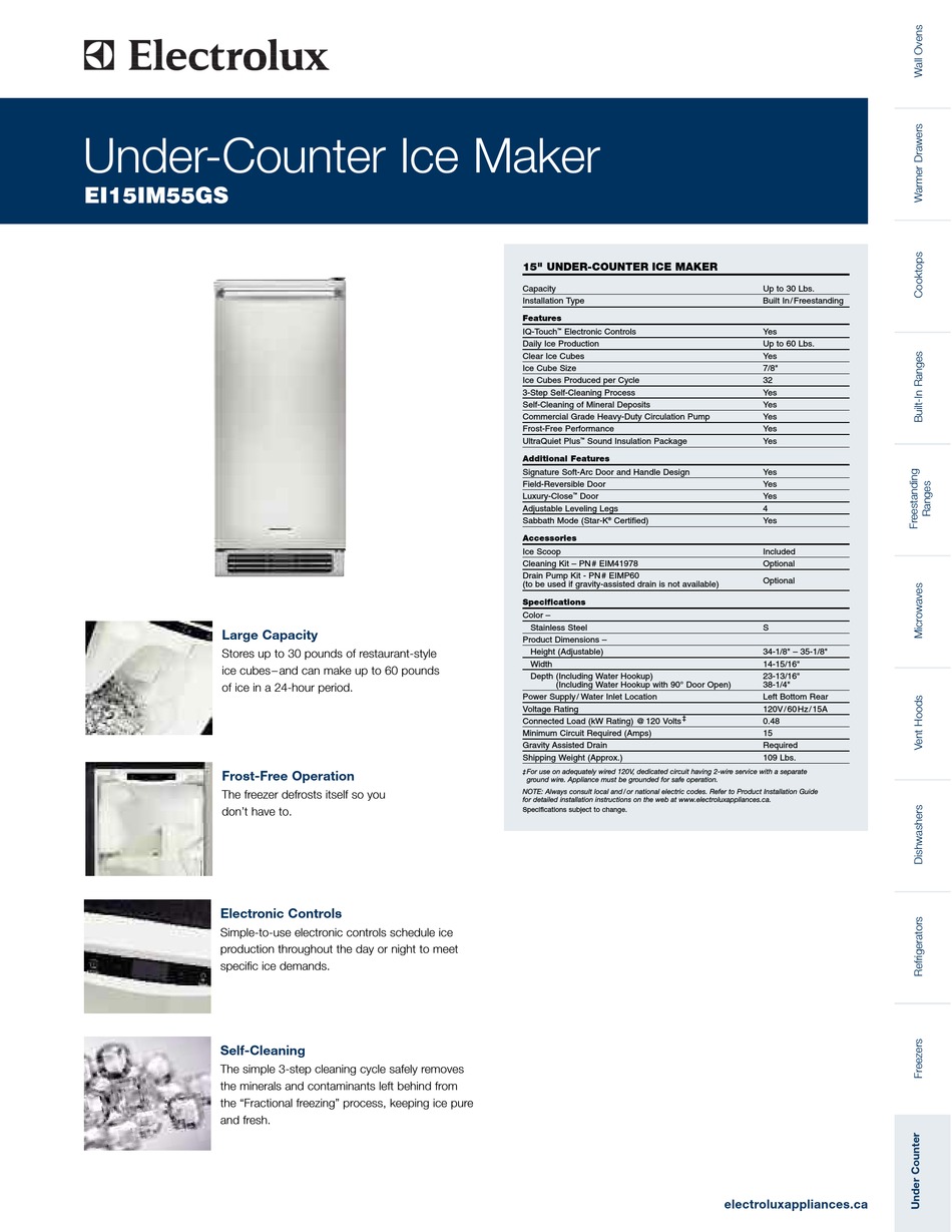 ELECTROLUX EI15IM55GS 15 INCH ICE MAKER SPECIFICATIONS Pdf Download