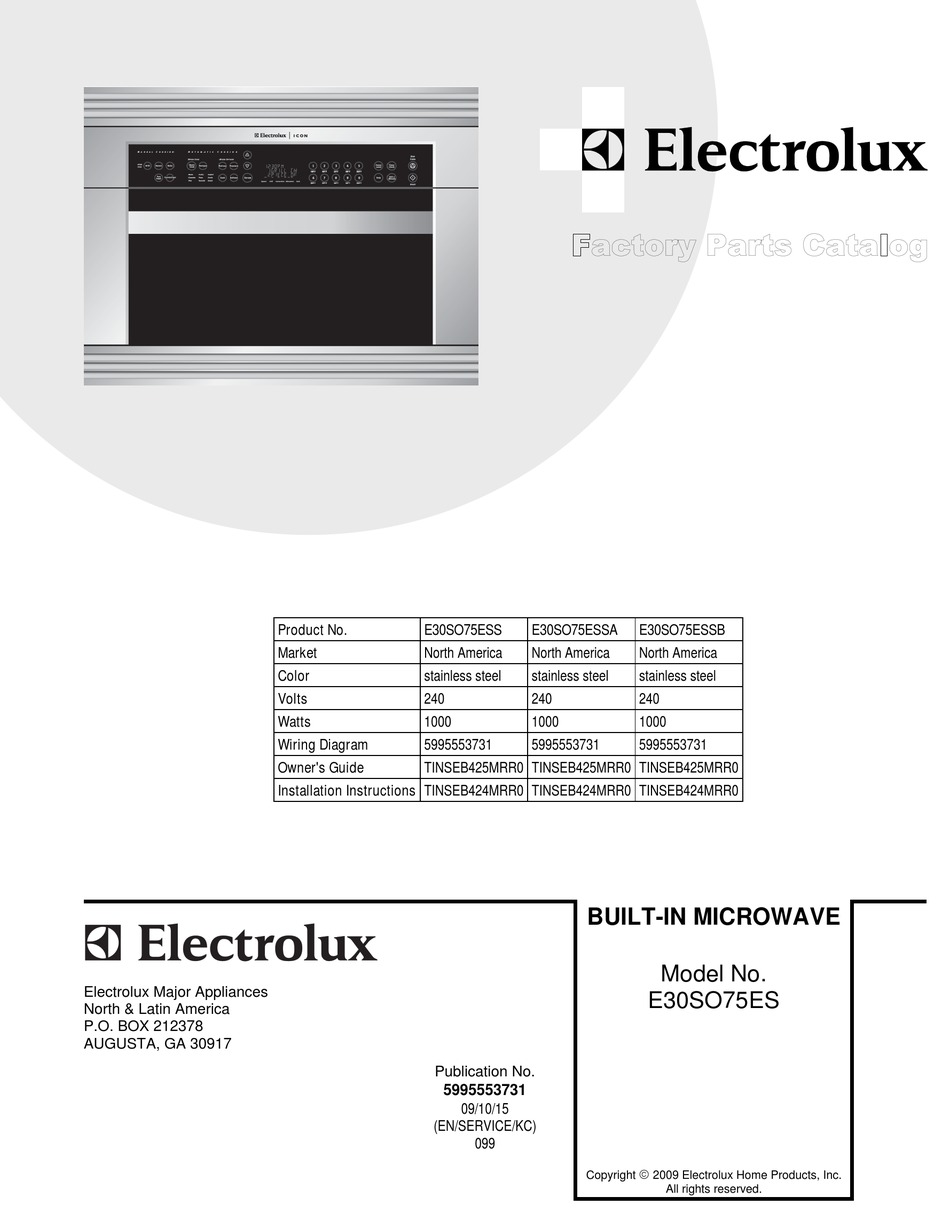 ELECTROLUX E30SO75ESS 30" WALL OVEN FACTORY PARTS CATALOG Pdf
