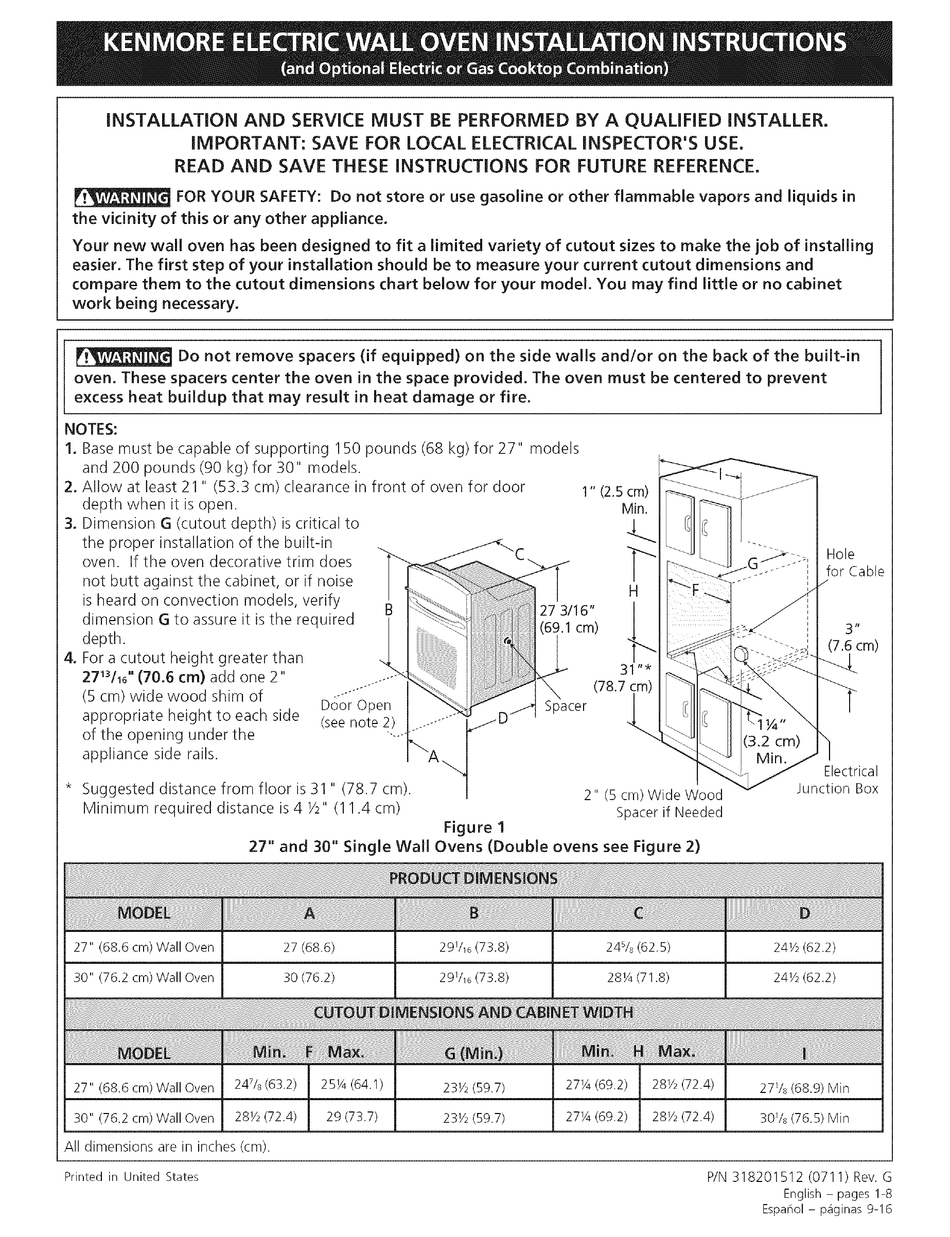 KENMORE 4803 - ELITE 30 IN. WALL OVEN INSTALLATION INSTRUCTIONS MANUAL ...