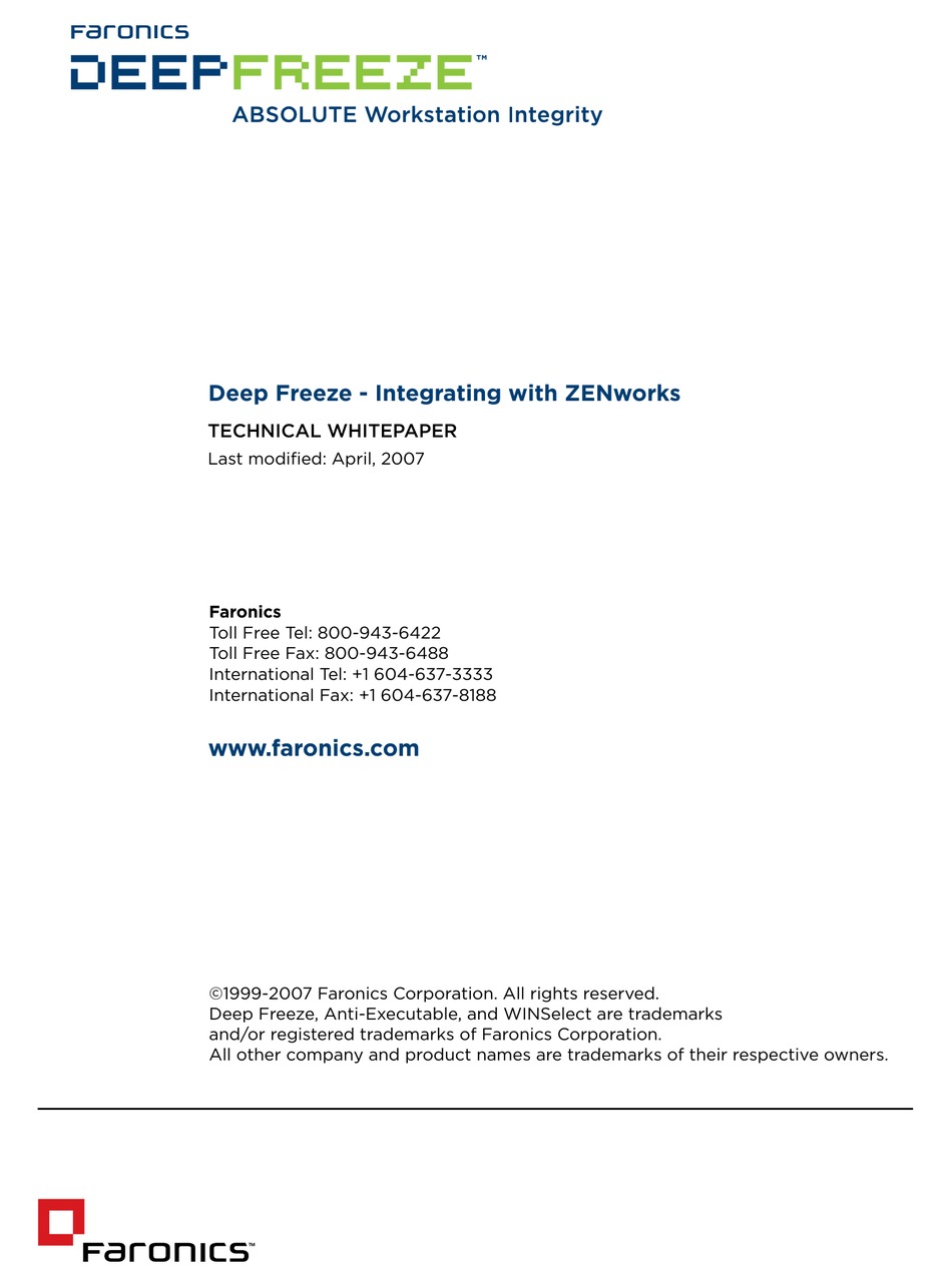 FARONICS DEEP FREEZE INTEGRATING WITH NOVELL ZENWORKS 42007 MANUAL