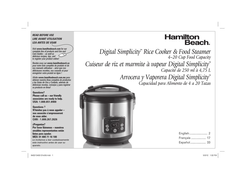 HAMILTON BEACH DIGITAL SIMPLICITY 37541 USE & CARE MANUAL Pdf Download