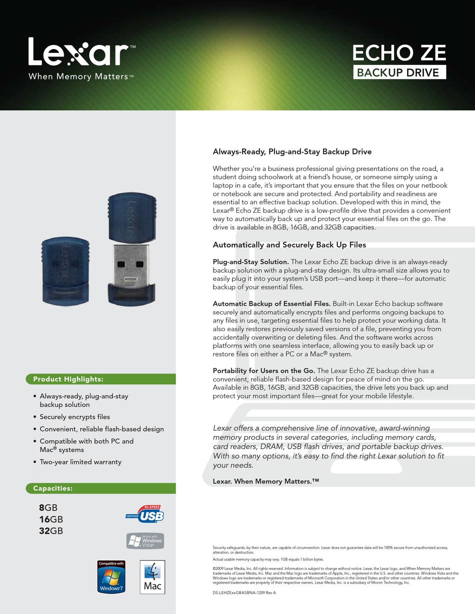 LEXAR ECHO ZE BACKUP DRIVE - DATASHEET REV A DATASHEET Pdf Download
